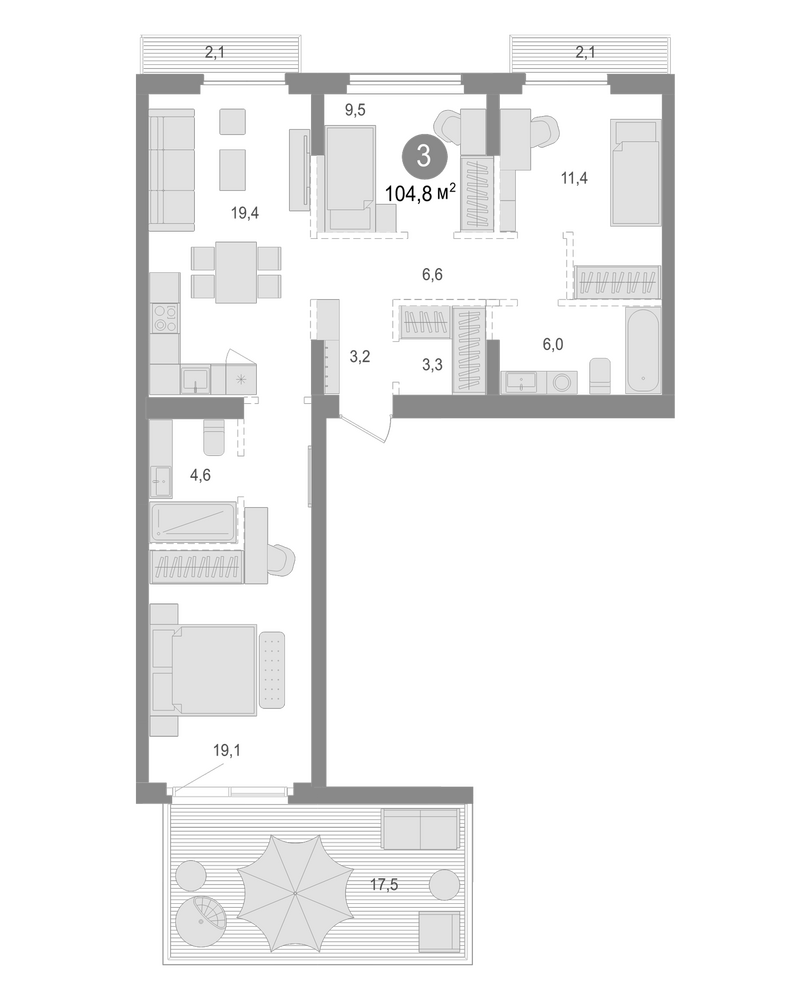 Планировка 3-к. квартира 83.10 м² в ЖК «Лебедевский»