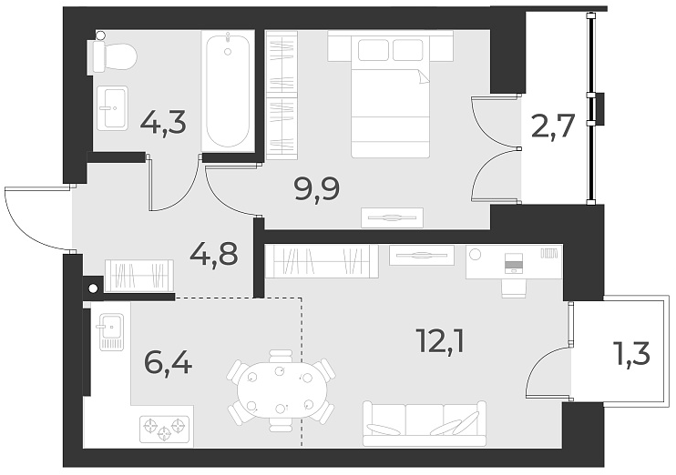 Планировка 2е-к.кв 37.50 м² в ЖК «Русское солнце»