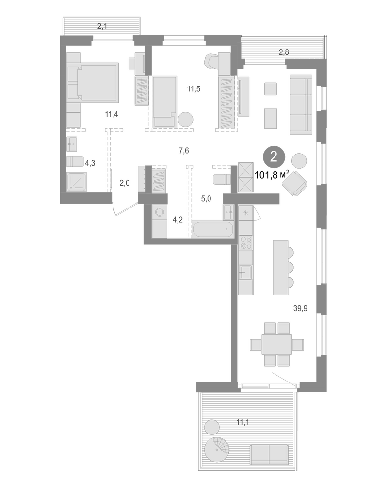 Планировка 2-к. квартира 85.80 м² в ЖК «Лебедевский»