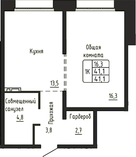 Планировка 1-к.кв 41.10 м² в ЖК «Гренландия»