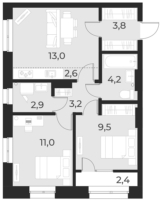 Планировка 3е-к. квартира 50.20 м² в ЖК «Русское солнце»