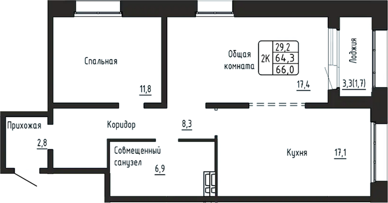 Планировка 2-к.кв 64.30 м² в ЖК «Гренландия»
