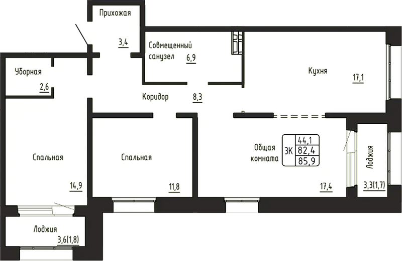 Планировка 3-к.кв 82.40 м² в ЖК «Гренландия»
