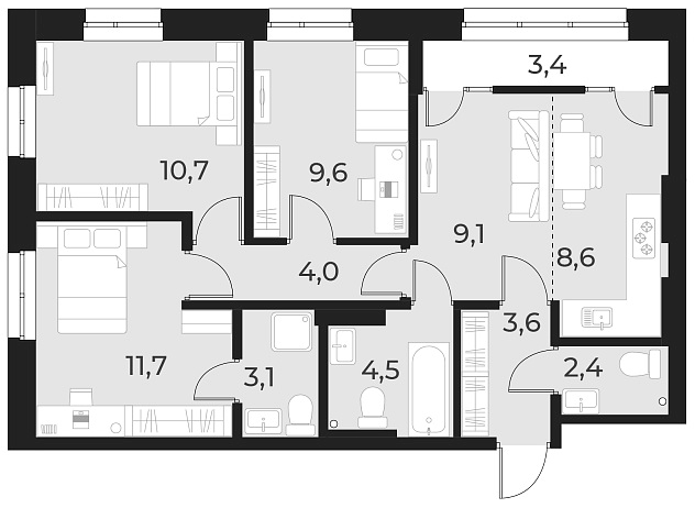Планировка 4е-к. квартира 67.30 м² в ЖК «Русское солнце»