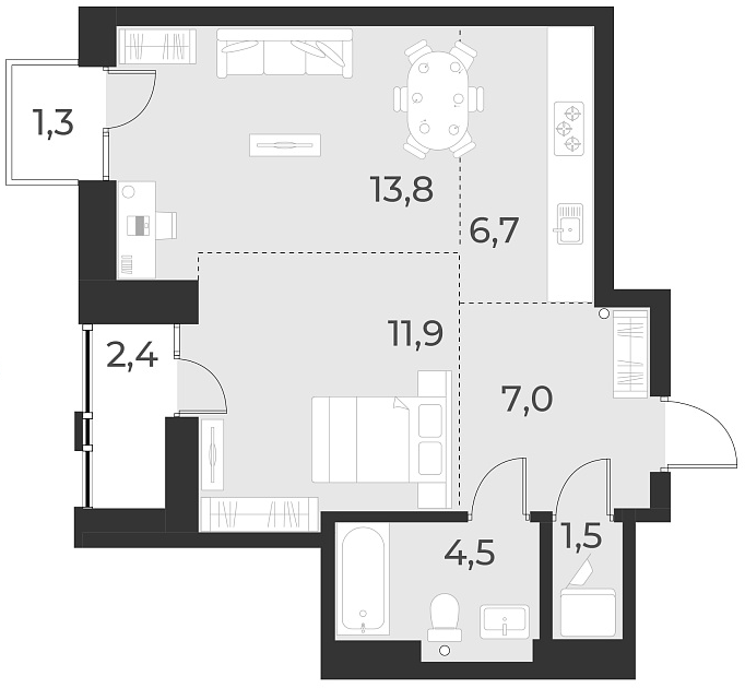 Планировка 2е-к. квартира 45.50 м² в ЖК «Русское солнце»
