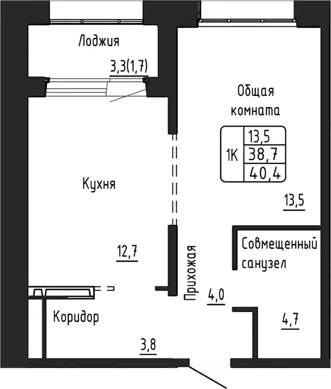 Планировка 1-к. квартира 38.80 м² в ЖК «Гренландия»