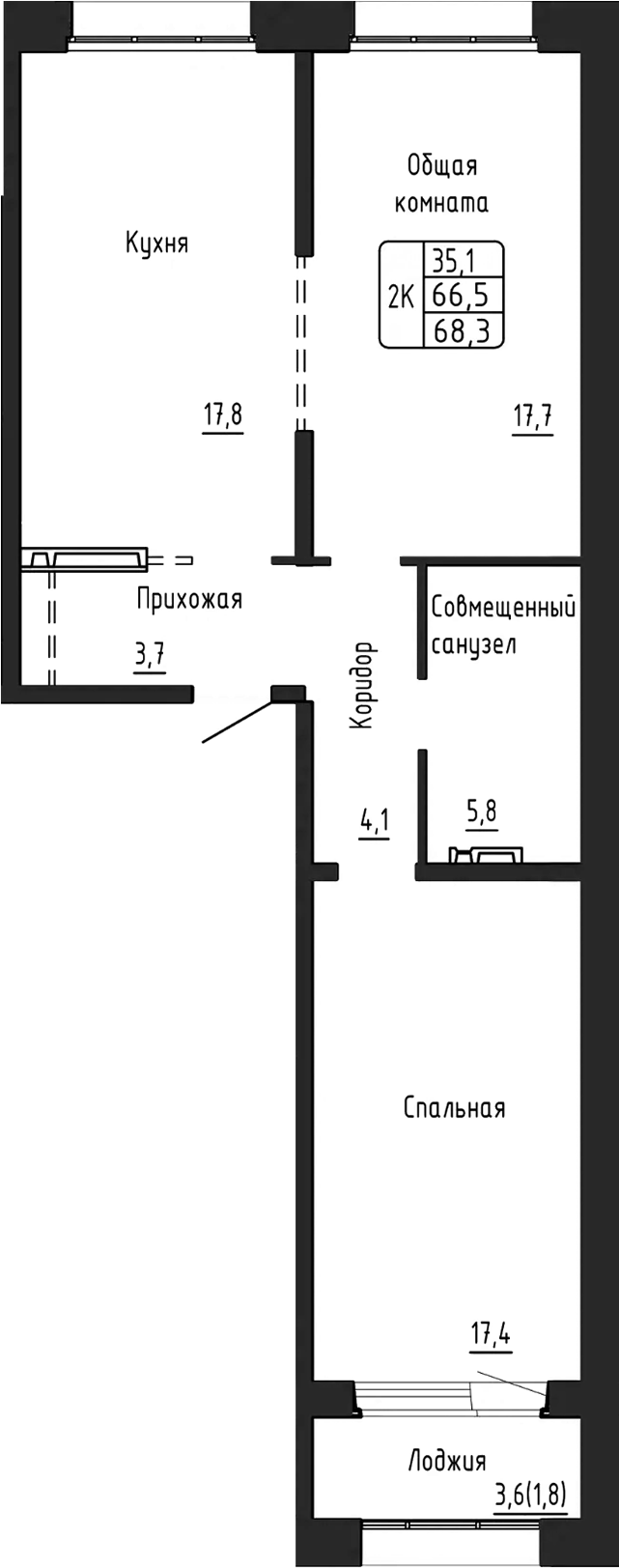 Планировка 2-к. квартира 66.60 м² в ЖК «Гренландия»