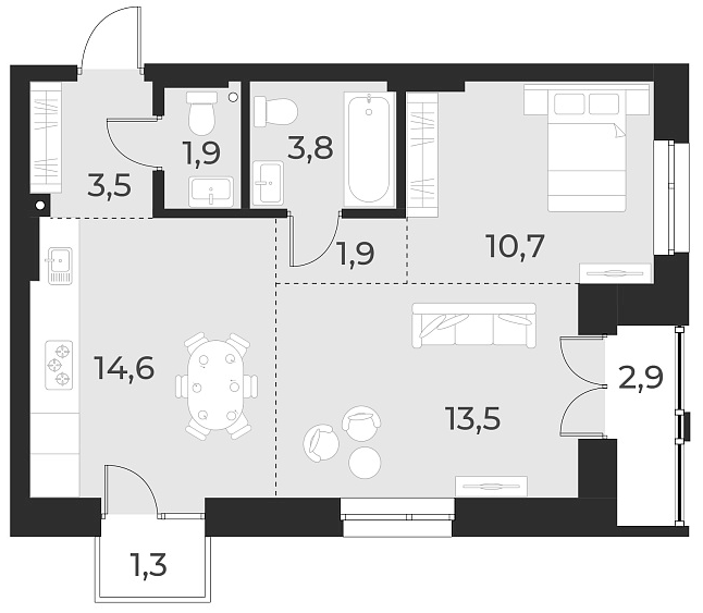Планировка 2-к. квартира 49.90 м² в ЖК «Русское солнце»