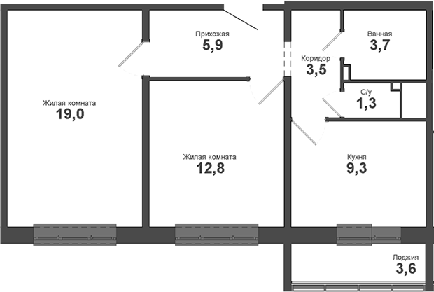 Планировка 2-к.кв 55.50 м² в ЖК «Взлет»