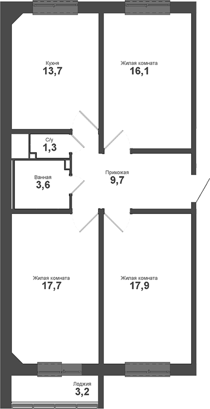 Планировка 3-к.кв 80.00 м² в ЖК «Взлет»