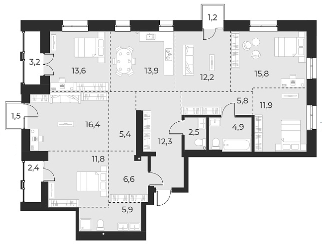 Планировка 6-к. квартира 139.00 м² в ЖК «Русское солнце»