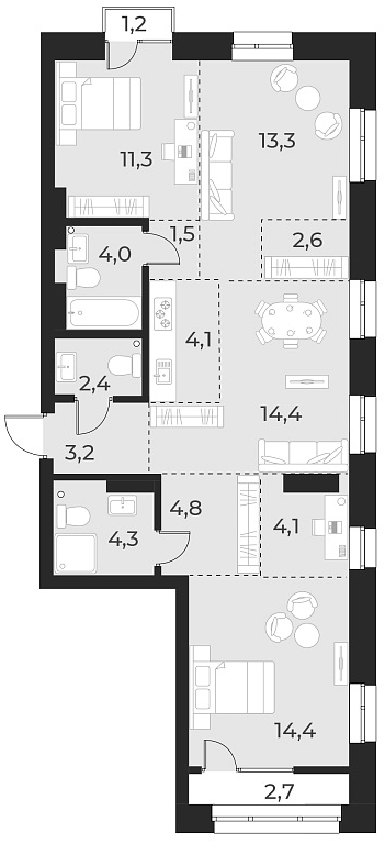 Планировка 4е-к.кв 84.40 м² в ЖК «Русское солнце»