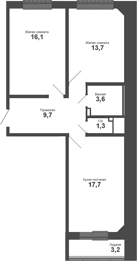 Планировка 3е-к.кв 62.10 м² в ЖК «Взлет»