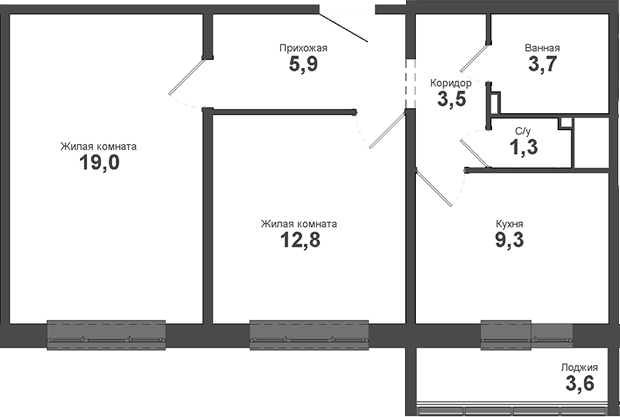 Планировка 2-к.кв 55.50 м² в ЖК «Взлет»