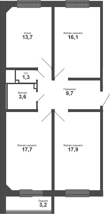 Планировка 3-к.кв 80.00 м² в ЖК «Взлет»