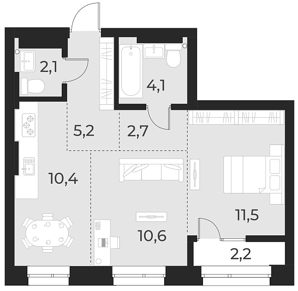 Планировка 2-к. квартира 46.60 м² в ЖК «Русское солнце»