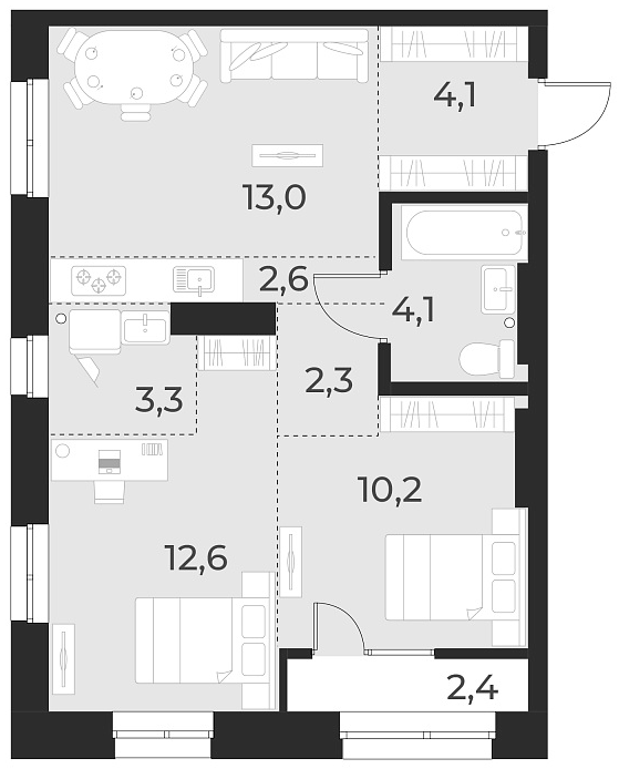 Планировка 3е-к. квартира 52.20 м² в ЖК «Русское солнце»