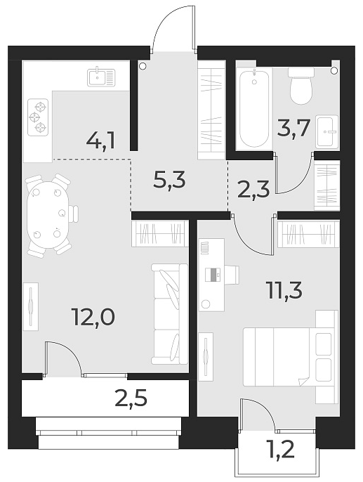 Планировка 2е-к. квартира 38.70 м² в ЖК «Русское солнце»