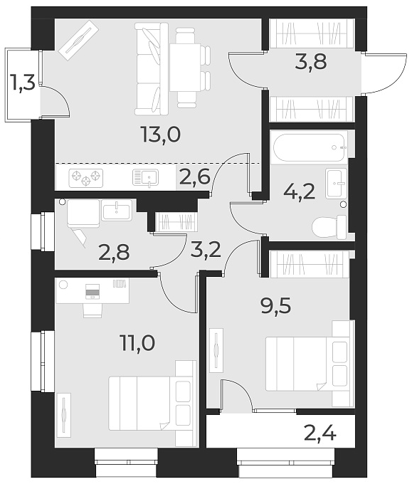 Планировка 3е-к. квартира 50.10 м² в ЖК «Русское солнце»
