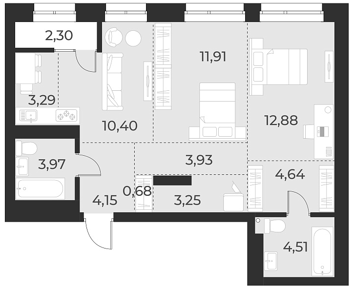 Планировка 3е-к. квартира 63.60 м² в ЖК «Русское солнце»