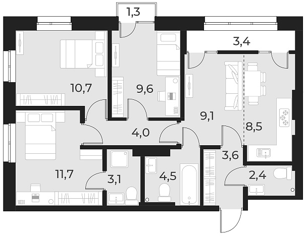 Планировка 4е-к.кв 67.20 м² в ЖК «Русское солнце»