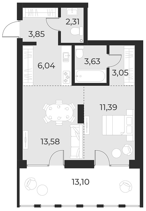 Планировка 2е-к. квартира 43.90 м² в ЖК «Русское солнце»