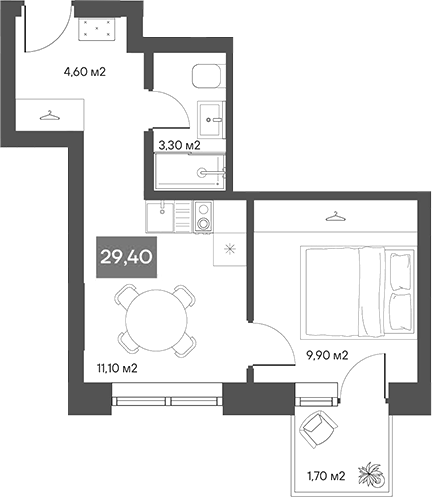Планировка 1-к.кв 28.90 м² в ЖК «ЩА»