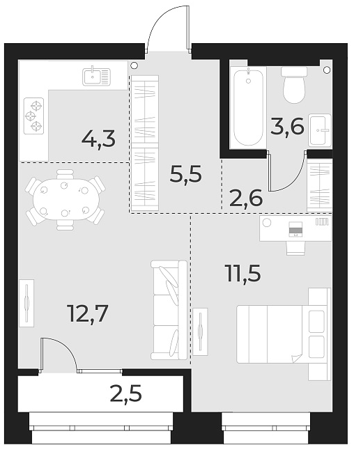 Планировка 2е-к. квартира 40.20 м² в ЖК «Русское солнце»