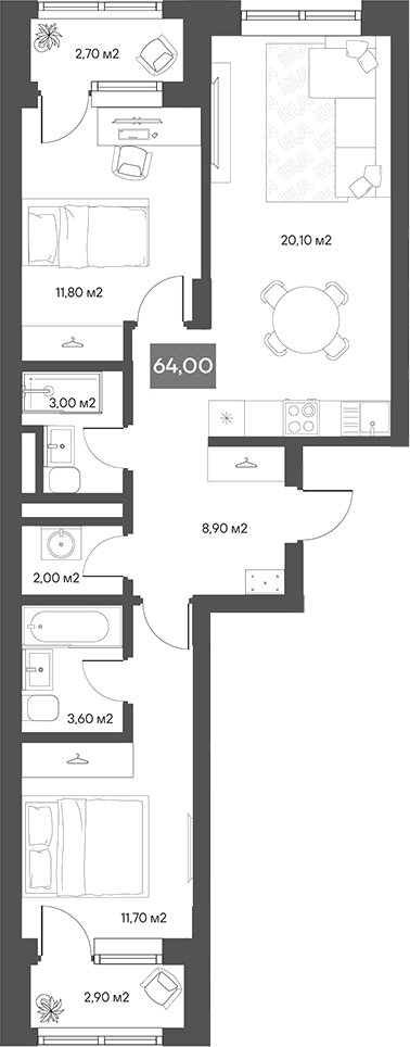 Планировка 2-к.кв 61.10 м² в ЖК «ЩА»