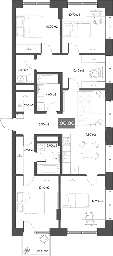 Планировка 4-к.кв 99.40 м² в ЖК «ЩА»