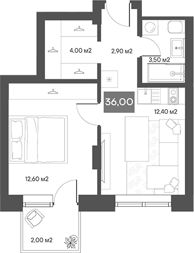 Планировка 1-к.кв 35.40 м² в ЖК «ЩА»