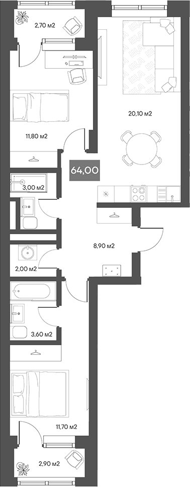 Планировка 2-к.кв 61.10 м² в ЖК «ЩА»
