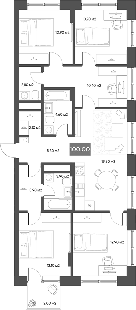 Планировка 4-к.кв 99.40 м² в ЖК «ЩА»