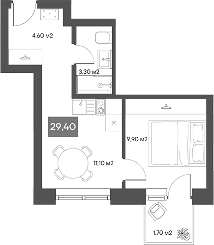 Планировка 1-к.кв 28.90 м² в ЖК «ЩА»