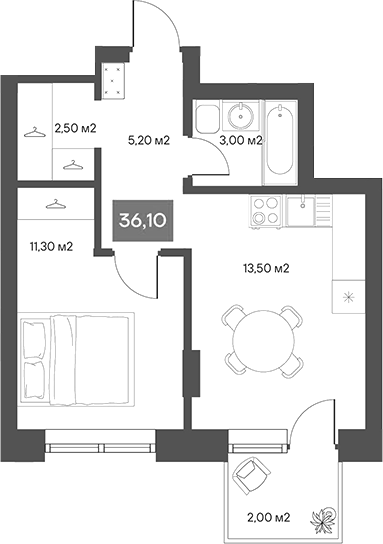 Планировка 1-к.кв 35.50 м² в ЖК «ЩА»