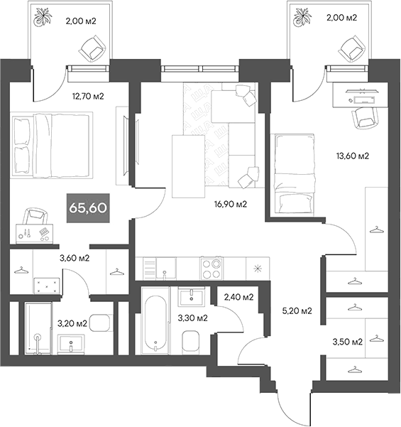 Планировка 2-к.кв 64.40 м² в ЖК «ЩА»