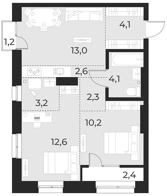 Планировка 3е-к. квартира 52.10 м² в ЖК «Русское солнце»