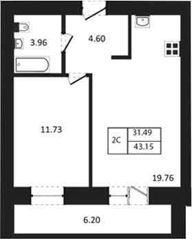 Планировка 2е-к.кв 40.05 м² в ЖК «Дивногорский»