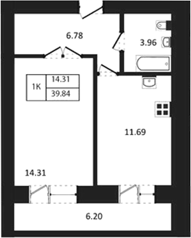 Планировка 1-к.кв 36.74 м² в ЖК «Дивногорский»