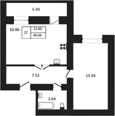 Планировка 2е-к.кв 43.96 м² в ЖК «Дивногорский»
