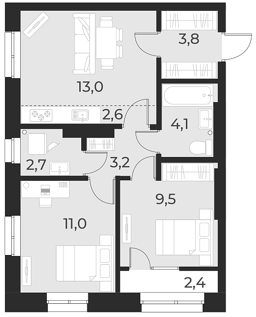 Планировка 3е-к. квартира 49.90 м² в ЖК «Русское солнце»