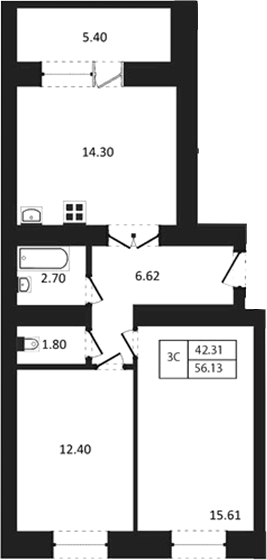Планировка 3е-к.кв 53.43 м² в ЖК «Дивногорский»