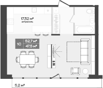 Планировка студии 52.70 м² в ЖК «Freedom»