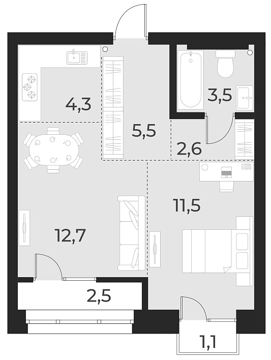 Планировка 2е-к.кв 40.10 м² в ЖК «Русское солнце»