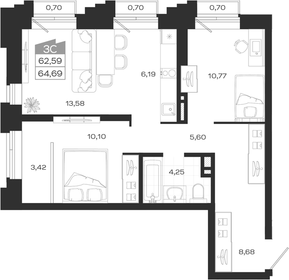 Планировка 3е-к.кв 63.00 м² в ЖК «Ясный Берег»