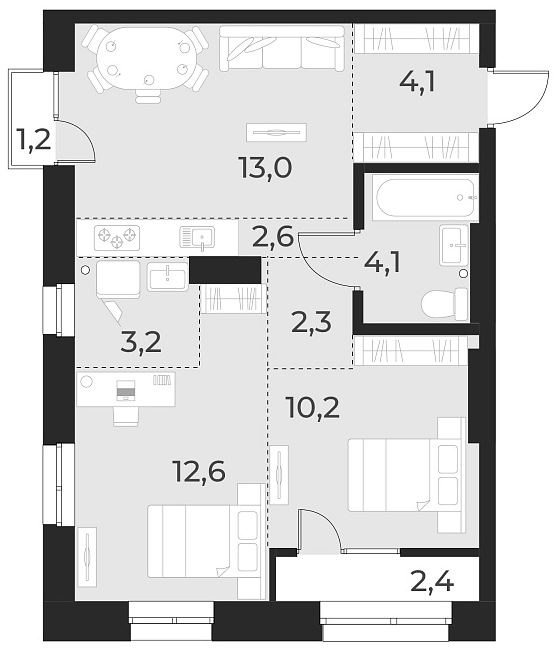Планировка 3е-к. квартира 52.10 м² в ЖК «Русское солнце»