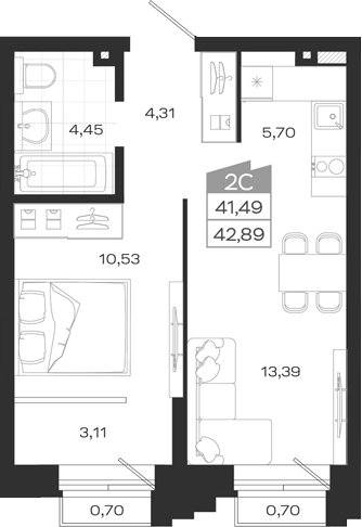 Планировка 2е-к.кв 41.87 м² в ЖК «Ясный Берег»
