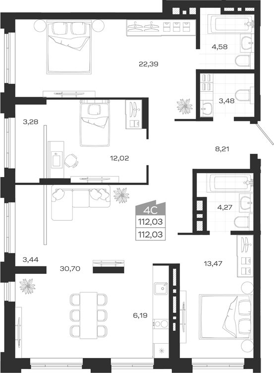 Планировка 4е-к.кв 112.03 м² в ЖК «Ясный Берег»