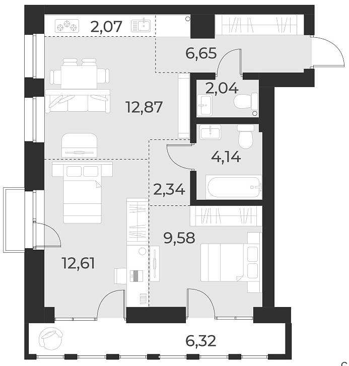 Планировка 3е-к. квартира 52.30 м² в ЖК «Русское солнце»