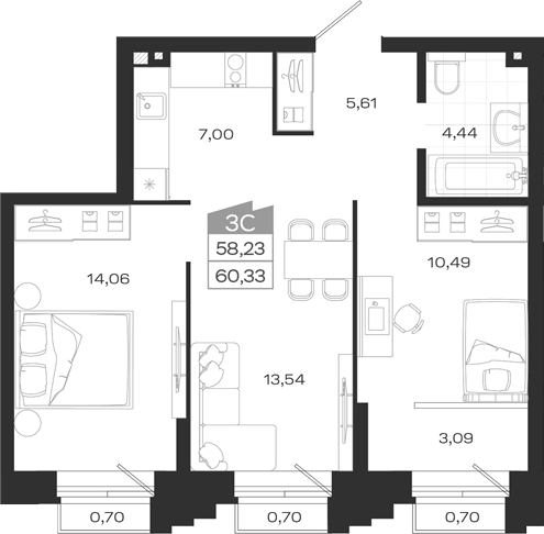 Планировка 3е-к. квартира 58.61 м² в ЖК «Ясный Берег»